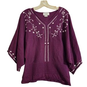 Chadwick's Purple Sweater Embrodiery Bohemian Fairy Whimsical Cotton Size Medium